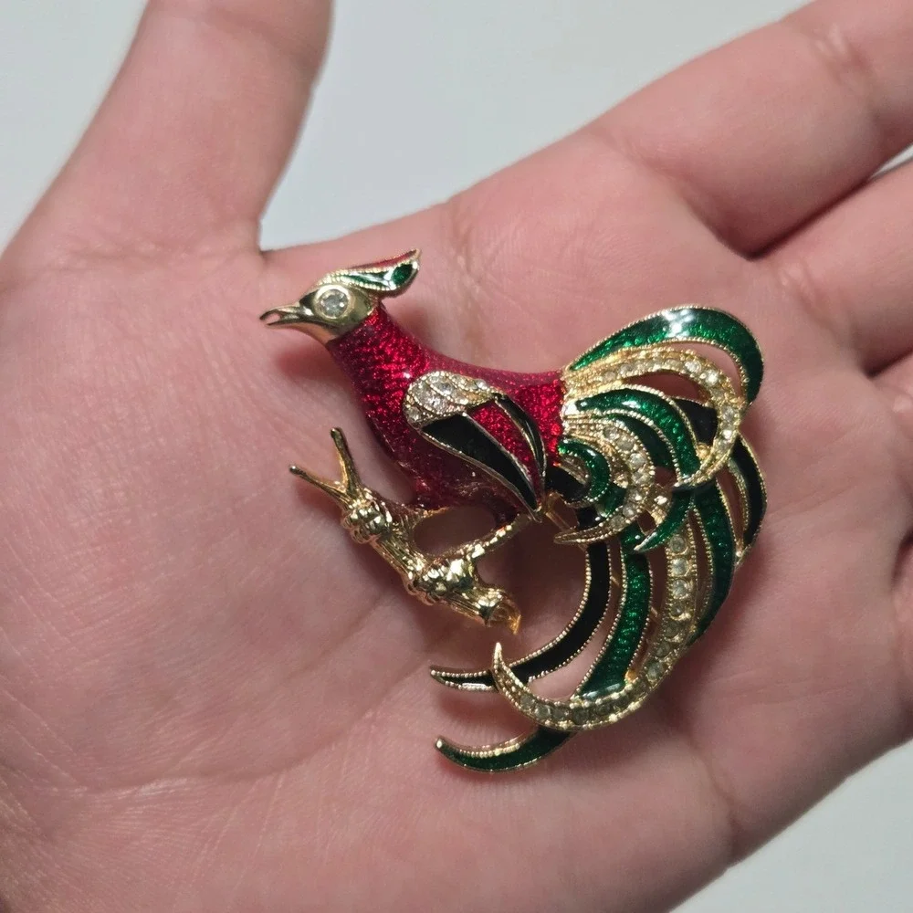 VTG‎ Enamel Rooster Brooch Pin Red Green Rhinestone Gold Tone Bird of Paradise